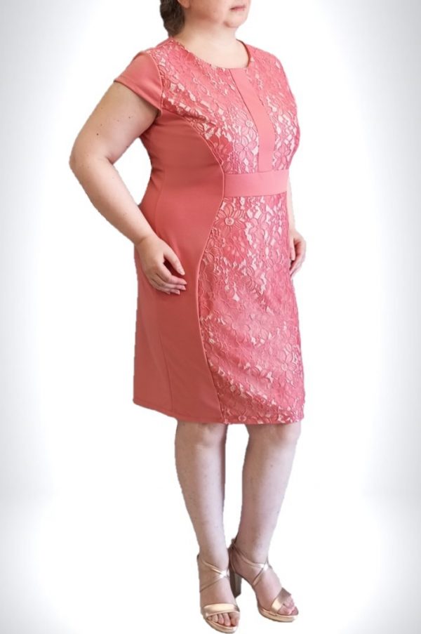 Ρόζ φόρεμα κοντομάνικο με σχέδιο από ελαστική δαντέλα