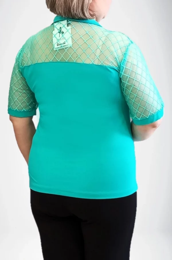 Τυρκουάζ ελαστική μπλούζα με γιακά και διαφάνεια
