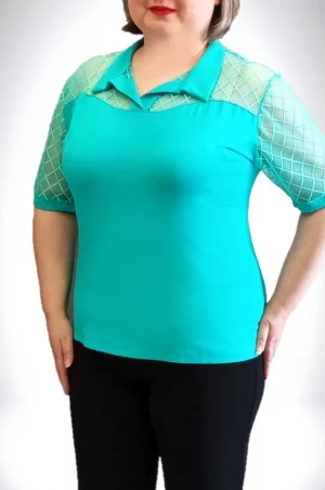 Τυρκουάζ ελαστική μπλούζα με γιακά και διαφάνεια