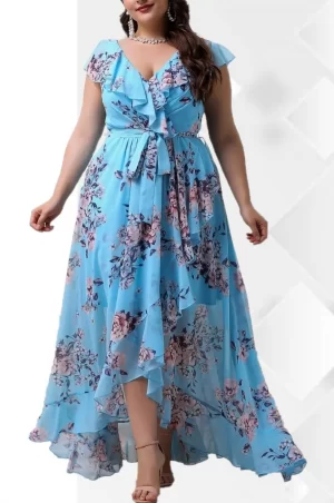 Γαλάζιο ασύμμετρο φόρεμα με βολάν