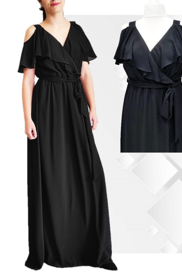 Μαύρο μάξι κρουαζέ φόρεμα μουσελίνα με ζώνη