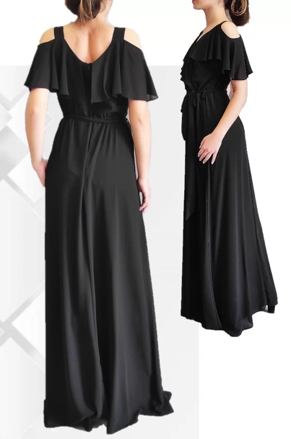 Μαύρο μάξι κρουαζέ φόρεμα μουσελίνα με ζώνη