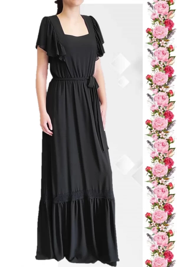 Μάξι μαύρο φόρεμα μουσελίνα με βολάν