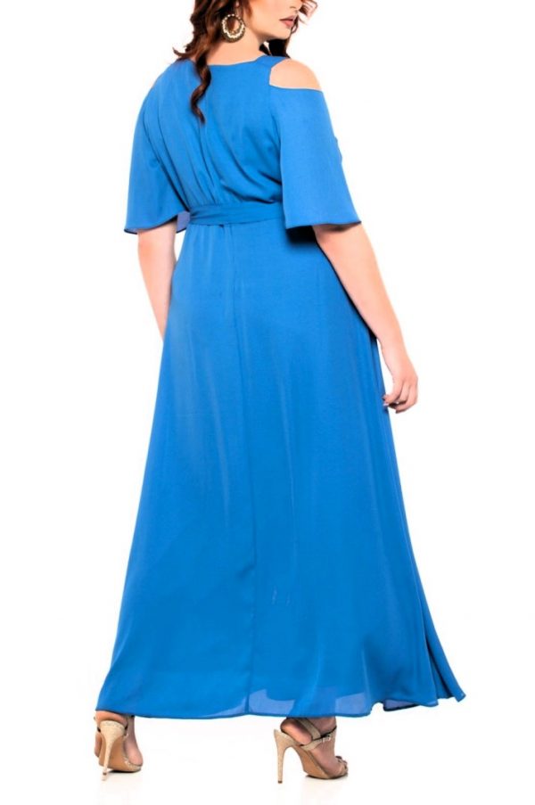 Μάξι μπλέ ράφ φόρεμα μουσελίνα με ζώνη