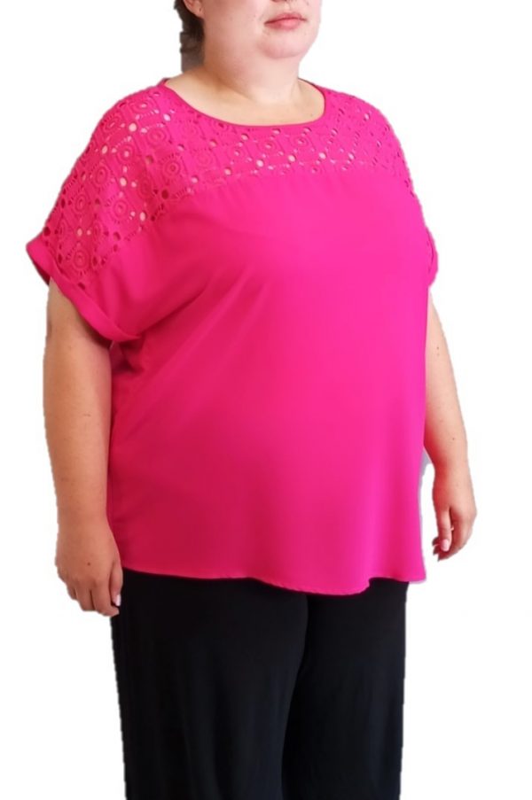Φούξια κοντομάνικη μπλούζα με δαντέλα