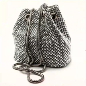 Τσάντα πουγκί ασημί δίχτυ μικρές γυαλιστερά μπιλίτσες