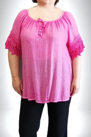 Ρόζ μπλούζα με κορδόνι και δαντέλα στο κοντό μανίκι