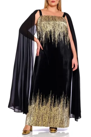 Μάξι ελαστικό φόρεμα μαύρο με χρυσό και μουσελίνα