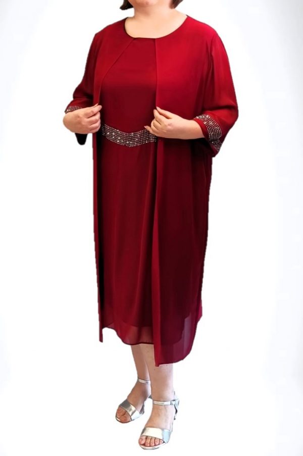 Midi φόρεμα μπορντό μουσελίνα με ασημί στρασάκια
