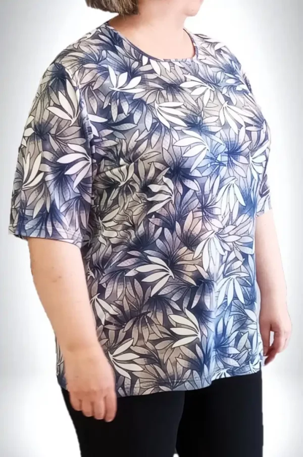 Ελαστική λεπτή μπλούζα κοντομάνικη μοτίβο φυλλαρακια