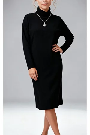 Midi φόρεμα κοτλέ με ζιβάγκο γιακά σε μαύρο χρώμα