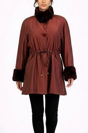 Καφέ ημίπαλτο με γιακά γούνα και κορδονι στην μέση