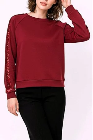 Μπορντό φούτερ με ρίγα παγιέτα στα μανίκια