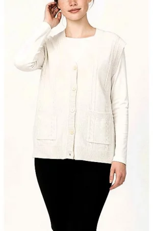 Γυναικείο πλεκτό γιλέκο κρέμ με εξωτερικές τσέπες