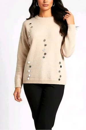 Κρέμ πλεκτή μπλούζα με ασημί παγιέτα σχέδιο