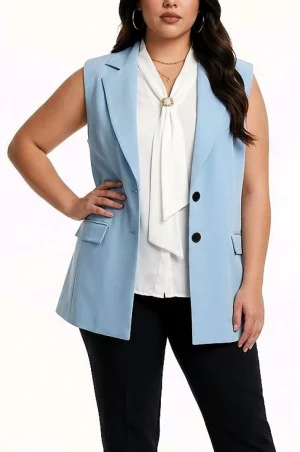 Αμάνικο σακάκι γυναικείο σιέλ με πέτο γιακά και ζώνη