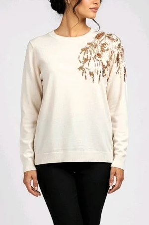 Λεπτή πλεκτή μπλούζα κρέμ με σχέδιο χρυσή παγιέτα