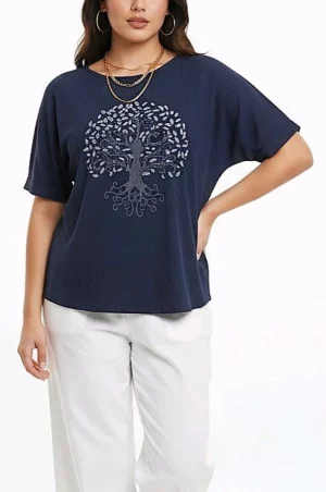 Ελαστική μπλούζα σκούρο μπλέ με ασημί τύπωμα