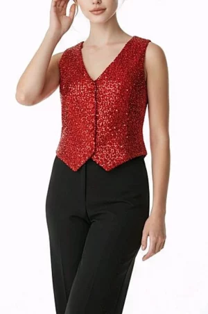 Ασύμμετρο γιλέκο κόκκινο παγιέτα με V λαιμόκοψη